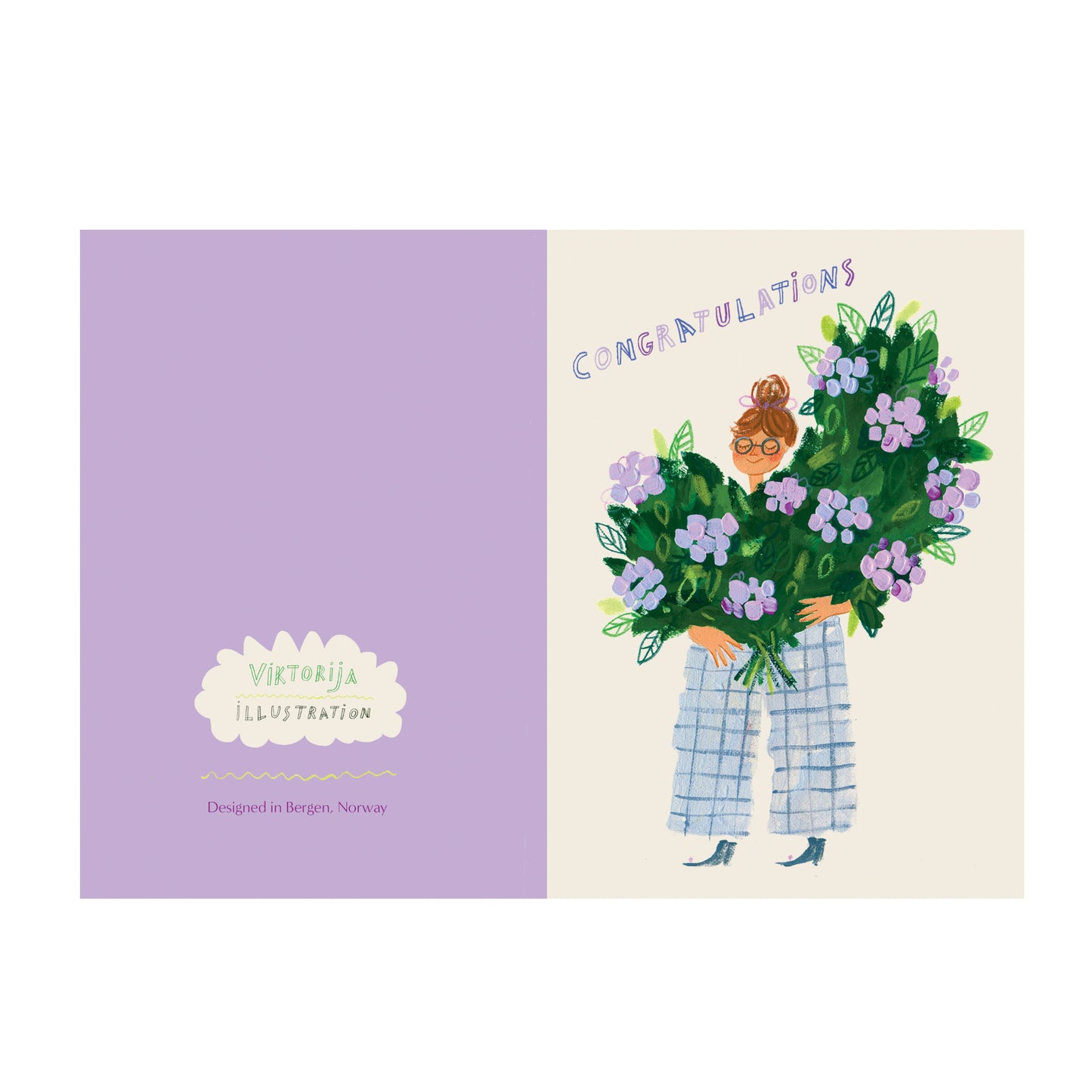 Gratulasjonskort med lilla blomster