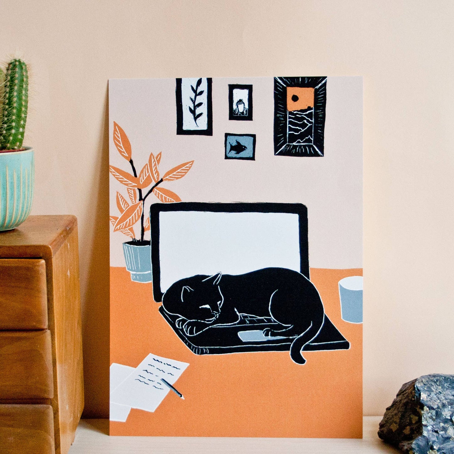 Katt & Laptop - Kunsttrykk - A4