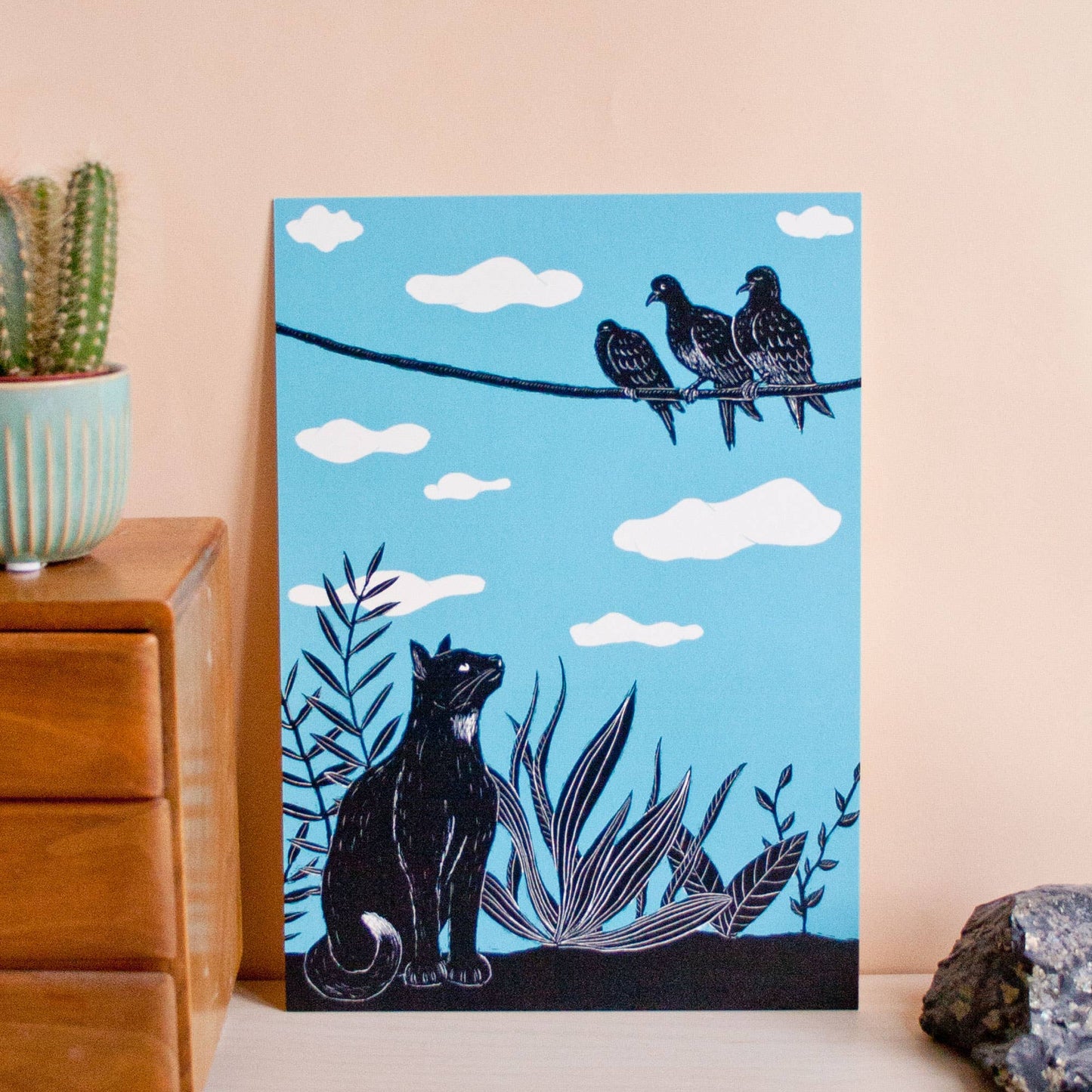 Katt og Due - Kunsttrykk - A4