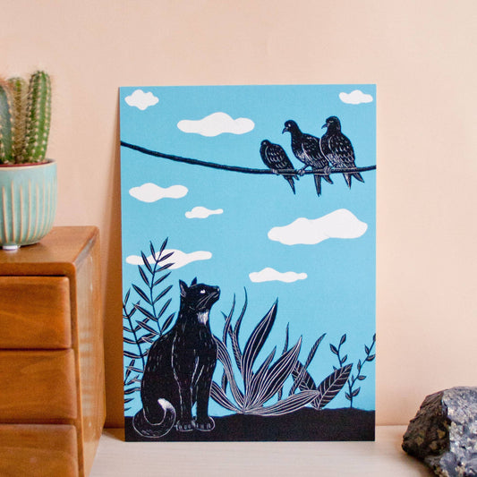 Katt og Due - Kunsttrykk - A4
