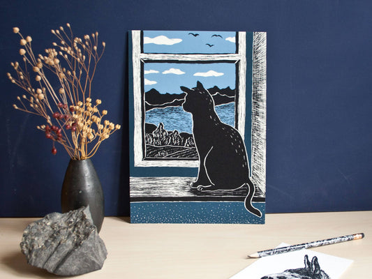 Katt i Vindu - Kunsttrykk - A4
