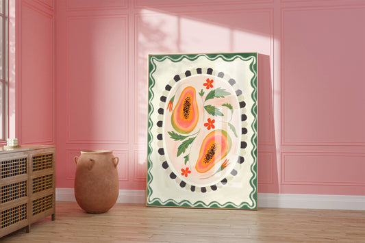Papaya with border, Art print, Kitchen art,  colourful art: A5