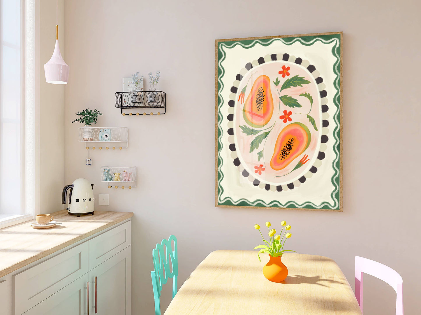 Papaya with border, Art print, Kitchen art,  colourful art: A5