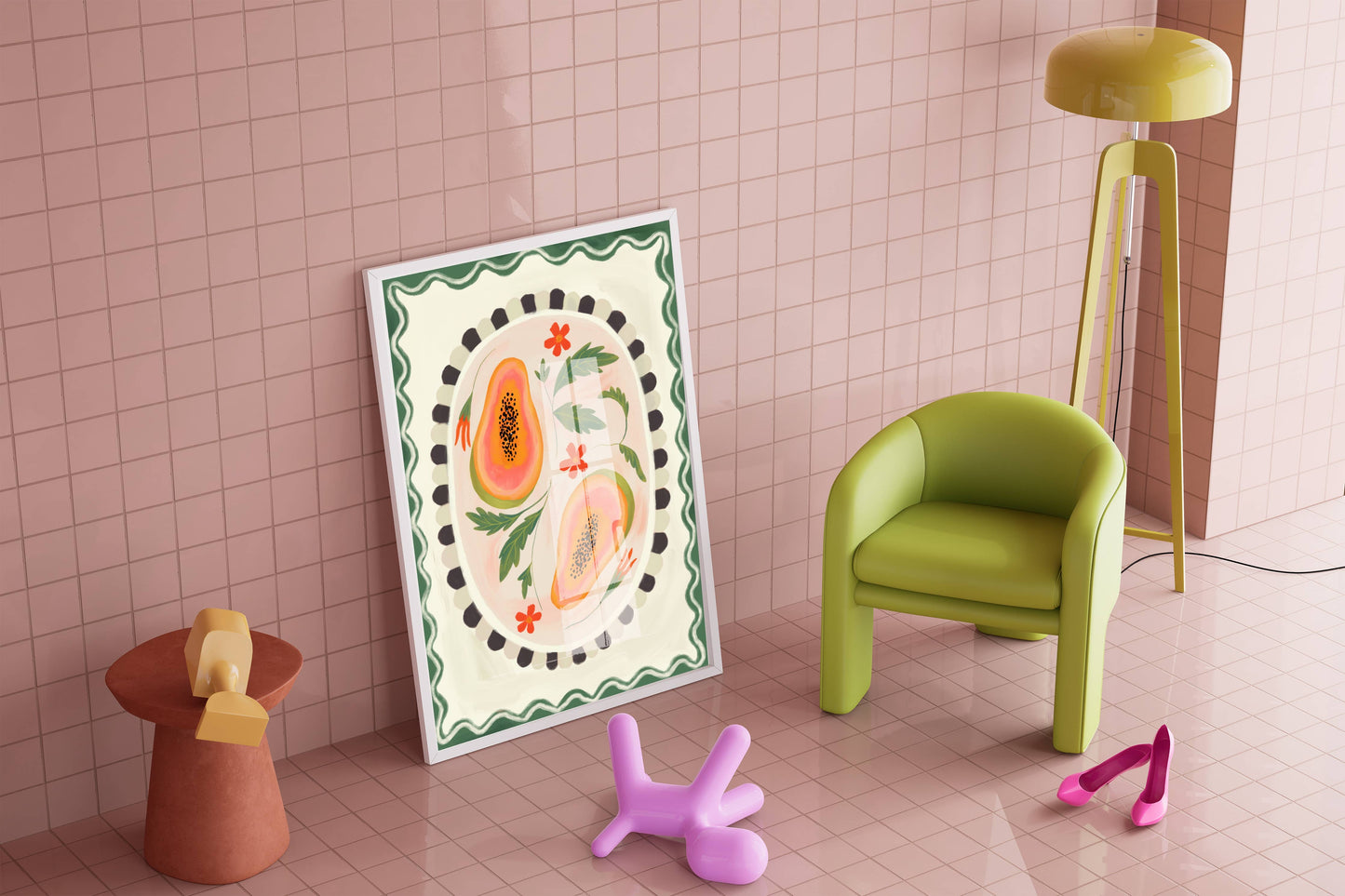 Papaya with border, Art print, Kitchen art,  colourful art: A5