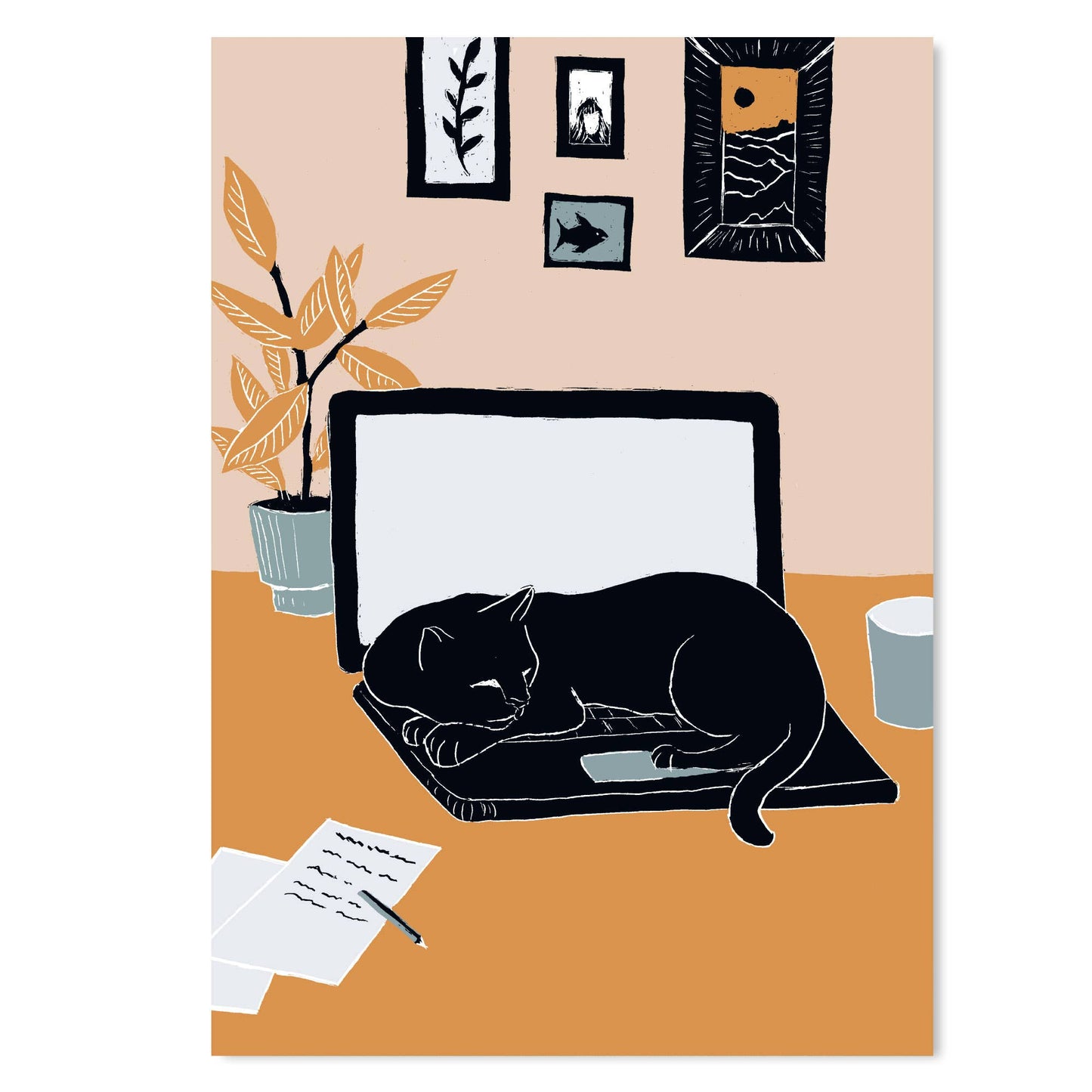 Katt & Laptop - Kunsttrykk - A4