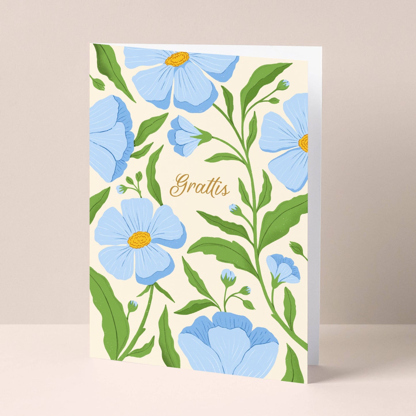 Bursdagskort med blå blomster og gull tekst