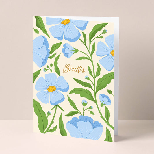 Bursdagskort med blå blomster og gull tekst