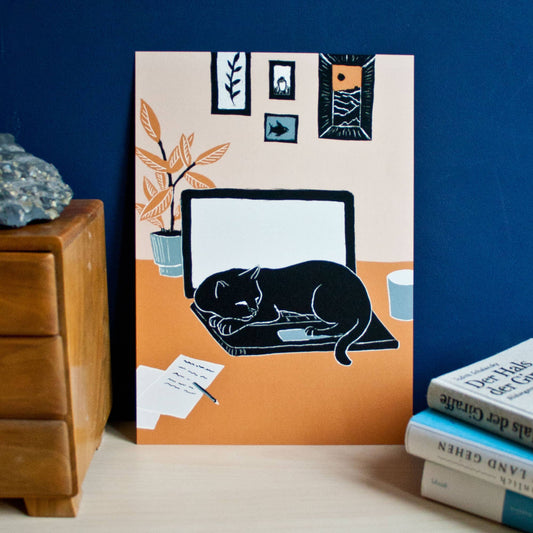 Katt & Laptop - Kunsttrykk - A4