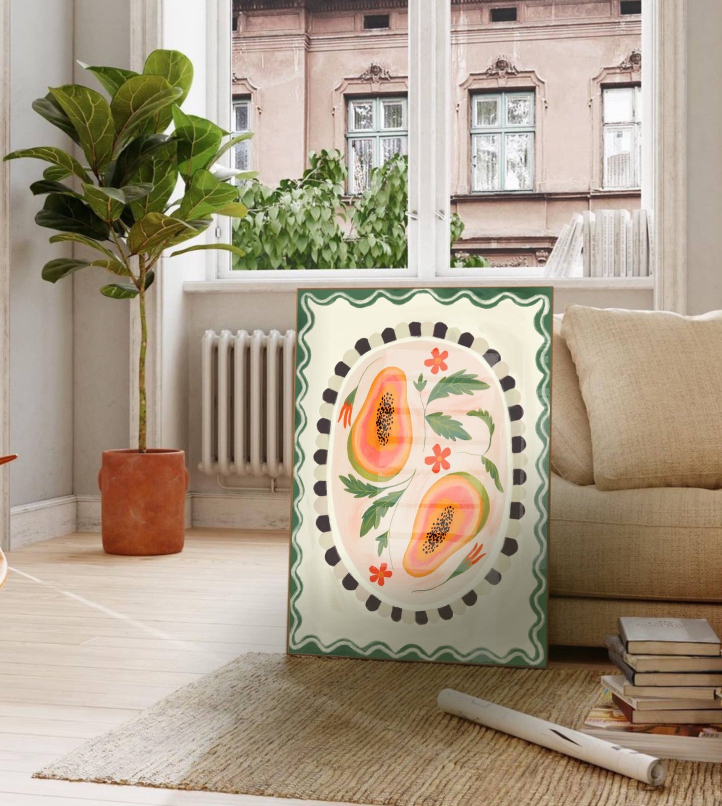 Papaya with border, Art print, Kitchen art,  colourful art: A5