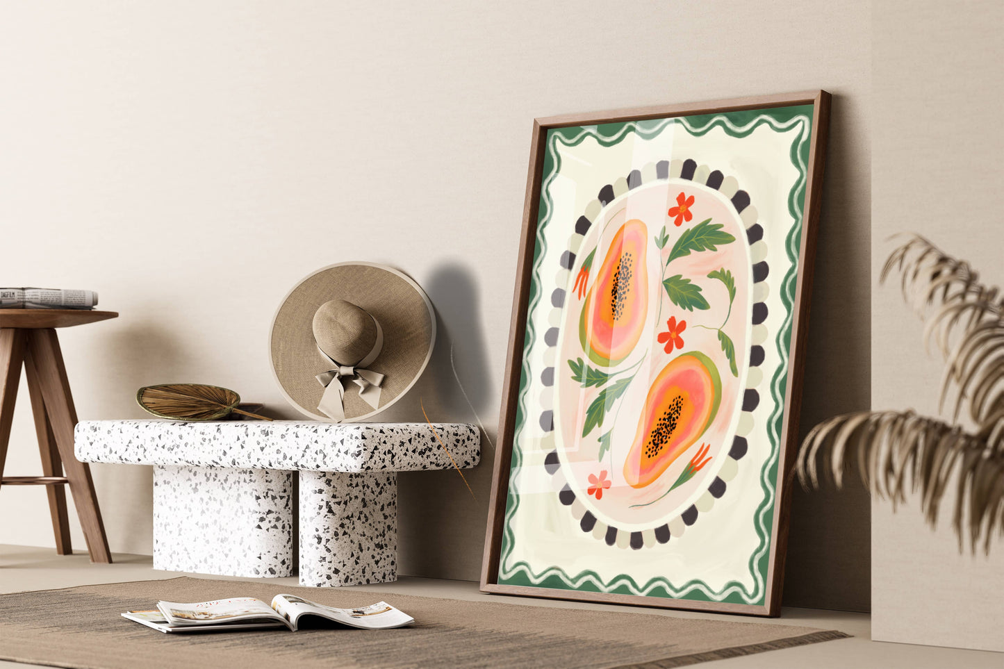Papaya with border, Art print, Kitchen art,  colourful art: A5