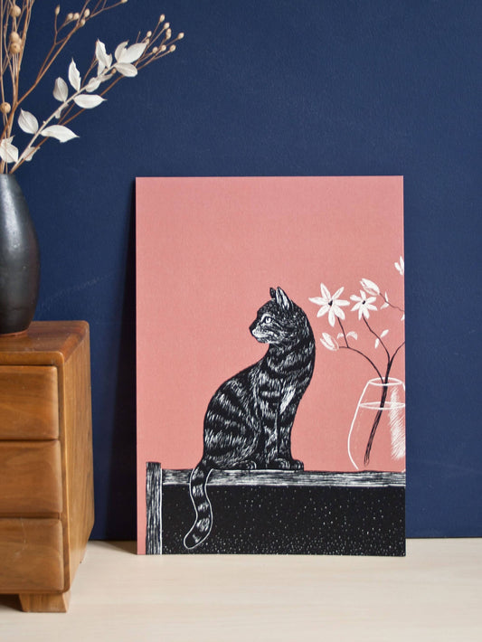 Katt Med Vase - Kunsttrykk - A4