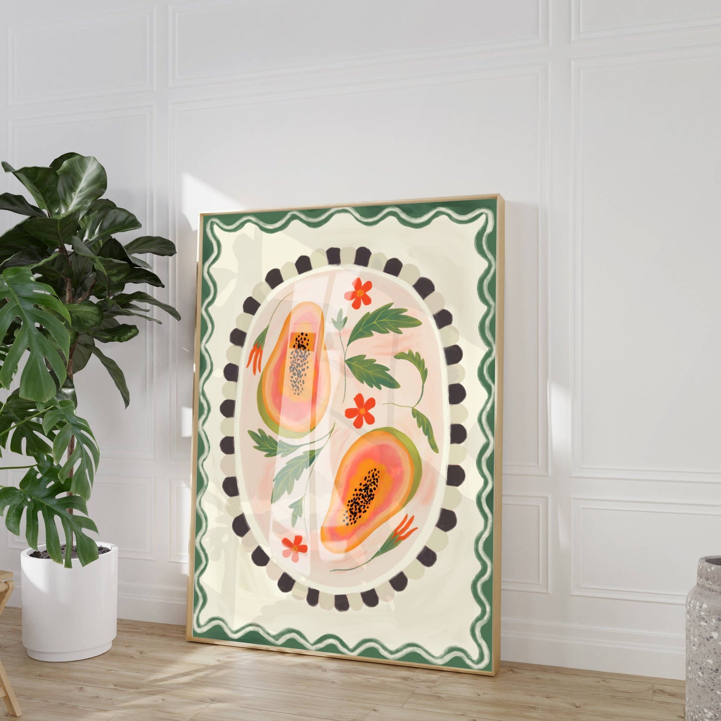 Papaya with border, Art print, Kitchen art,  colourful art: A5